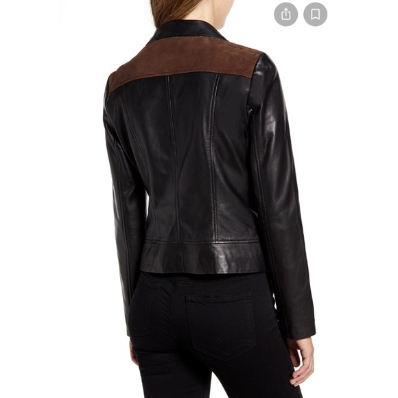 NEW Bernardo Suede Leopard Detail Leather Moto Zip Mixed Media Jacket Womens M - Picture 3 of 8